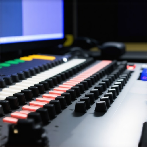 Close-up of a professional editing setup with control surfaces, calibrated monitor, and fast storage devices.