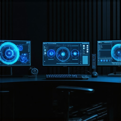 A modern editing setup showcasing quantum computers and high-resolution monitors for advanced media processing.