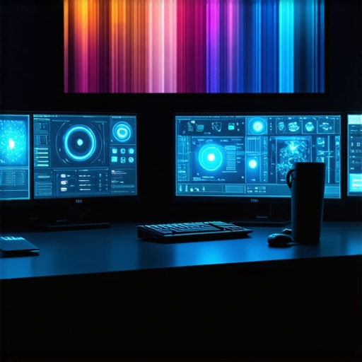 A high-tech editing studio featuring holographic displays, quantum hardware, and biometric input devices