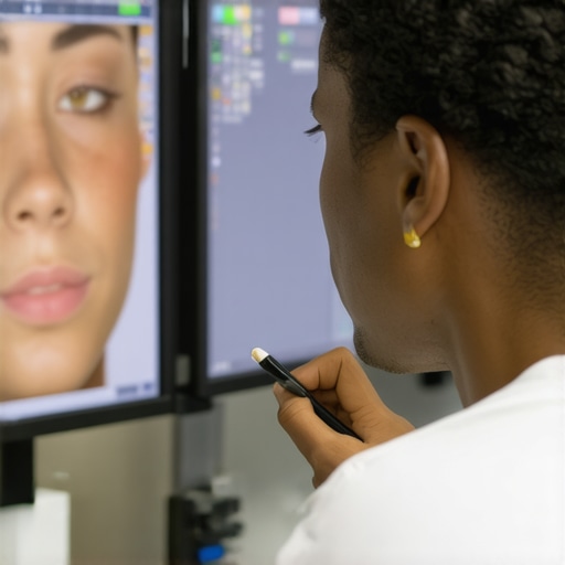 A photo editor refining skin details with a stylus on a graphics tablet in front of dual monitors.