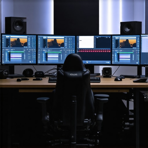 A modern editing workstation featuring multiple high-definition screens showcasing neural network AI tools integrated within editing software.