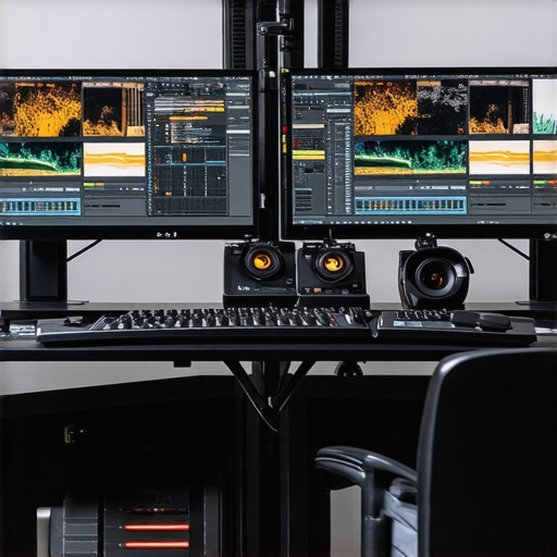 A professional video editing studio featuring multiple screens, control hardware, and color correction equipment.