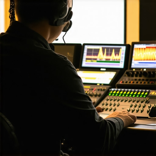 Engineer working on spectral analysis software in a modern audio studio.