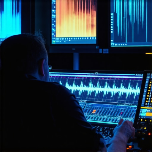 Audio engineer analyzing vocal track using spectral editing tools with visual waveform and frequency spectrum