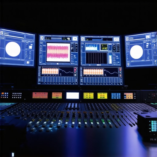 Professional color grading equipment with advanced monitors and control consoles
