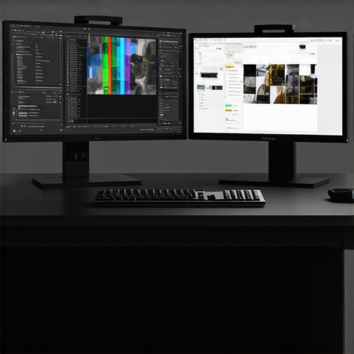 Modern editing setup with dual monitors and advanced hardware for precise video masking.