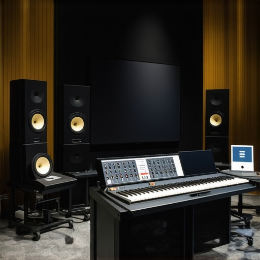 Modern studio with tunable acoustic panels and digital audio processing setup.
