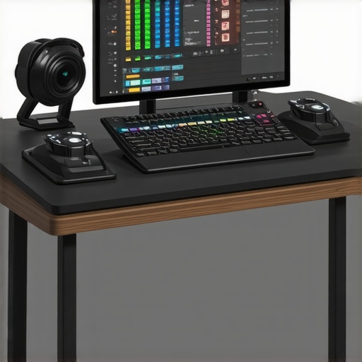 Professional editor using haptic control surfaces and neural input devices during video editing workflow.