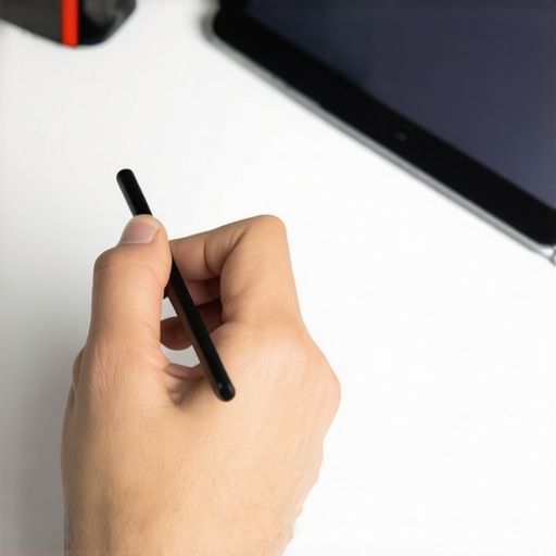 Artist interacting with a haptic stylus and gesture-enabled trackpad during digital retouching.