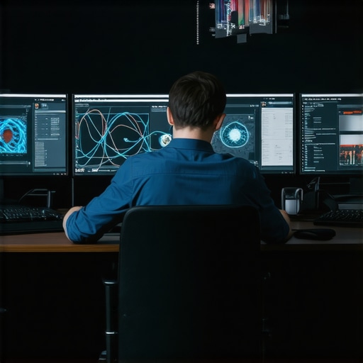AI-Assisted Video Editing Workflow Content creator utilizing neural network tools on dual monitors for advanced multimedia editing.