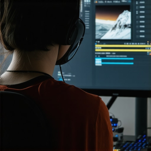 Professional video editor working on advanced AI-powered editing software with multiple monitors showing timeline and scene analysis