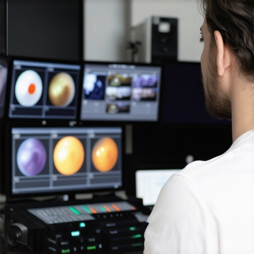 AI-assisted Color Grading in Action A video editor working on multiple screens with AI-based color correction tools analyzing footage.