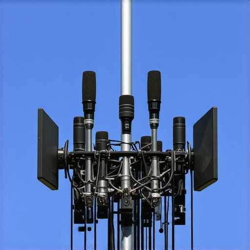 A diagram showing a hybrid microphone array with environmental sensors adjusting in response to wind conditions.