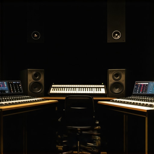 Professional audio studio showcasing acoustic treatments and digital synchronization tools.