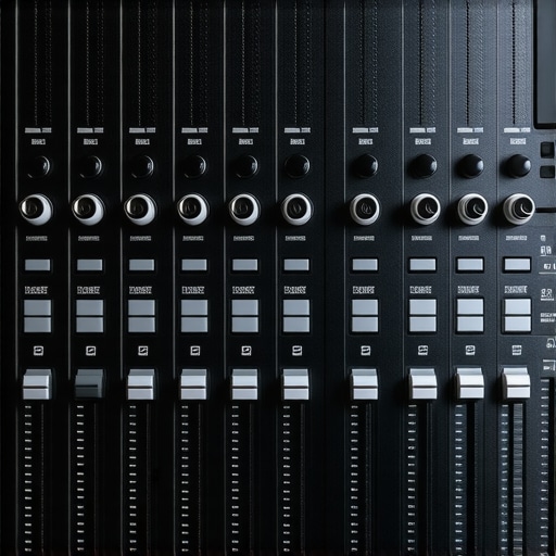 Professional audio control surface with motorized faders used in sound editing.