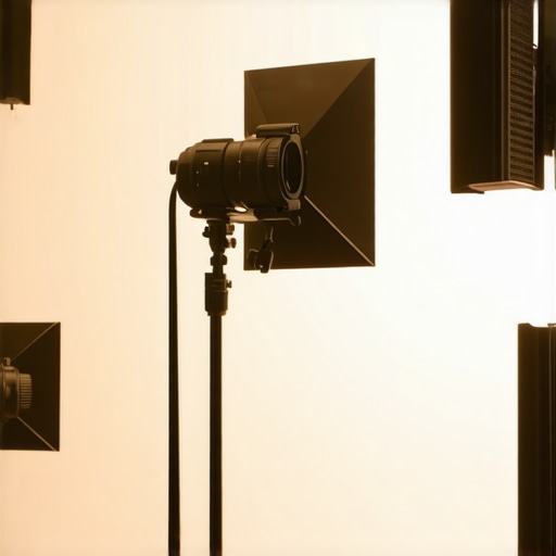 Advanced Cinematic Lighting Setup Professional film set showcasing complex lighting arrangement with key, fill, and backlights.