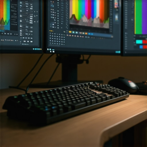 Advanced Color Grading Environment A professional video editing workspace with color calibration tools and dual monitors showing color grading software.