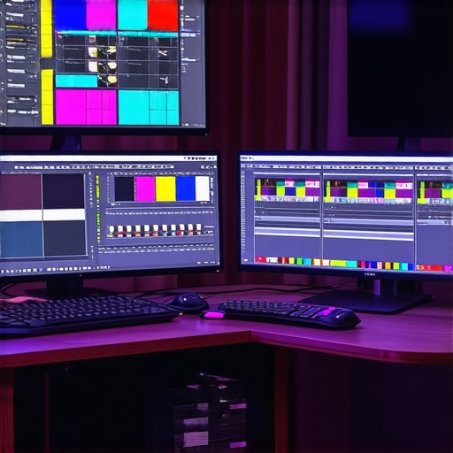 Advanced Color Grading Setup High-end video editing workstation with color grading tools and monitors