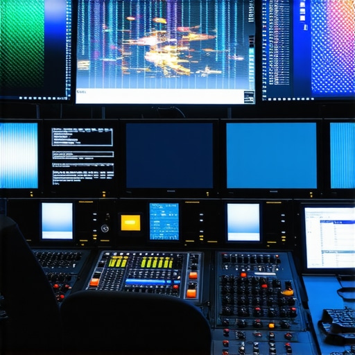 Advanced Color Grading Workspace Professional color grading studio with calibrated monitors and editing controls.