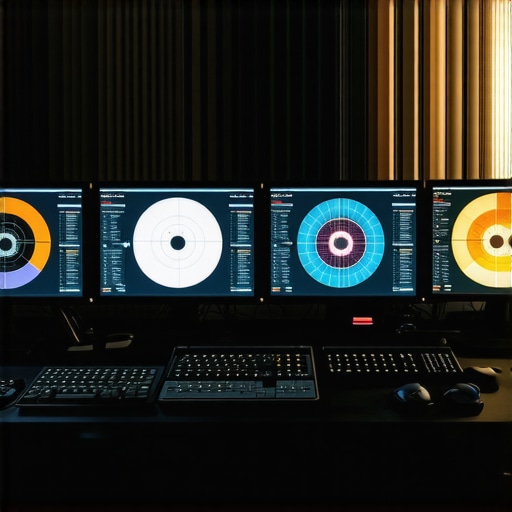 Advanced Color Grading Workspace A professional color grading setup with monitors displaying color correction tools