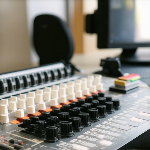 A modern control panel with multiple adjustable knobs and sliders integrated with editing software interface.