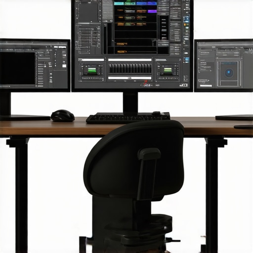 Advanced Creative Editing Setup with Auxiliary Hardware A professional editing workspace showcasing multiple monitors, control surfaces, and high-speed storage devices.