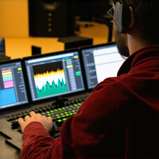Video editor working with custom macros on a professional control surface in a tech-enabled studio.