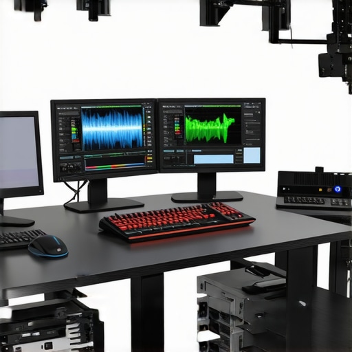 Advanced Editing Ecosystem Setup High-tech digital editing workstation with multiple interconnected hardware and software components.