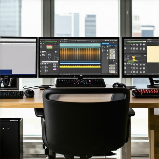 Professional editing workstation featuring calibrated monitors and high-performance hardware