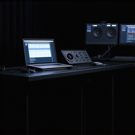 Advanced Editing Environment with Stabilization and Noise Suppression Gear Modern editing workspace featuring noise-canceling headphones, microphones, and stabilization devices