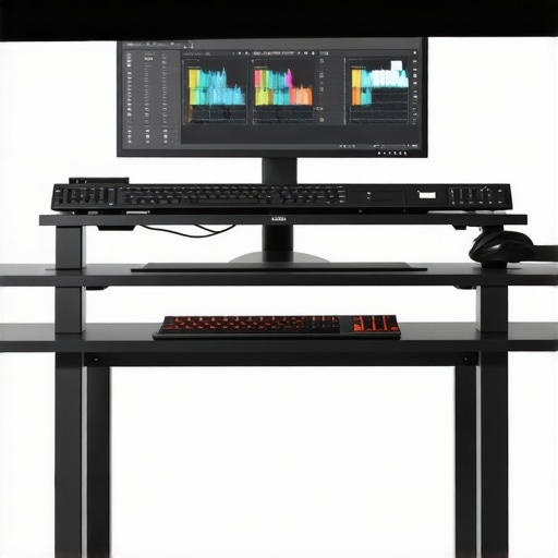 A modern professional video editing workspace with high-performance hardware and monitors