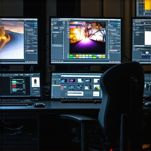 A professional editing workspace with powerful hardware and dual monitors during high-resolution rendering