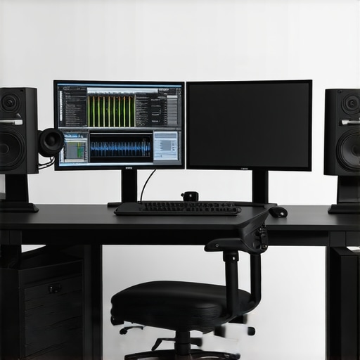 Advanced Editing Studio Setup State-of-the-art professional editing workspace featuring multiple screens, ergonomic controls, and AI tools