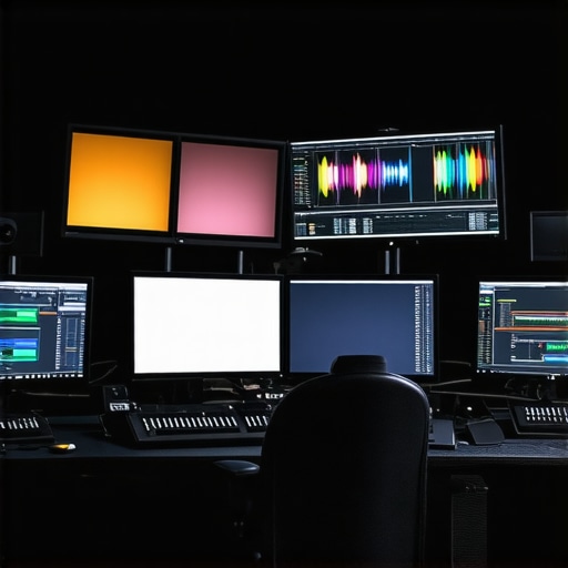 A professional editing workstation with calibrated monitors and color grading tools