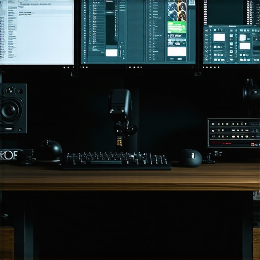 Advanced Editing Workspace Setup Photo of a professional editing workstation with multiple screens and accessories.