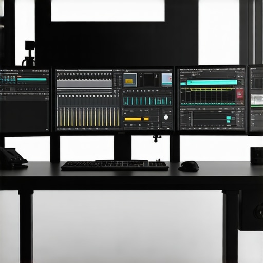A professional editing station with multiple high-resolution monitors, color calibration tools, and ergonomic accessories