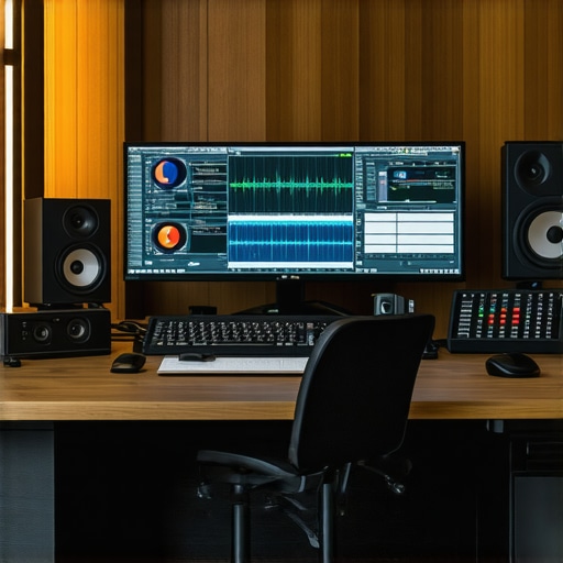 Advanced Editing Workspace with AI Technology Close-up of a computer monitor displaying AI-driven noise suppression in video editing software, with professional headphones and microphones in the background.