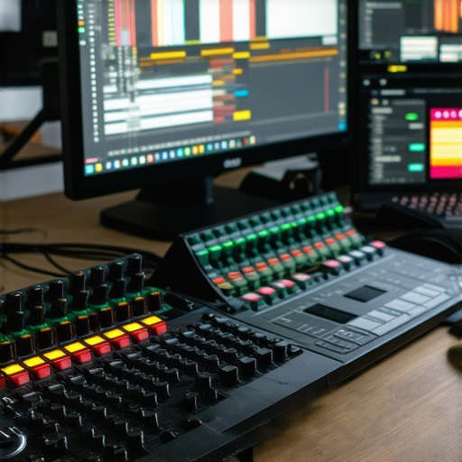 Modern editing station showcasing control surface and high-resolution monitor with editing software