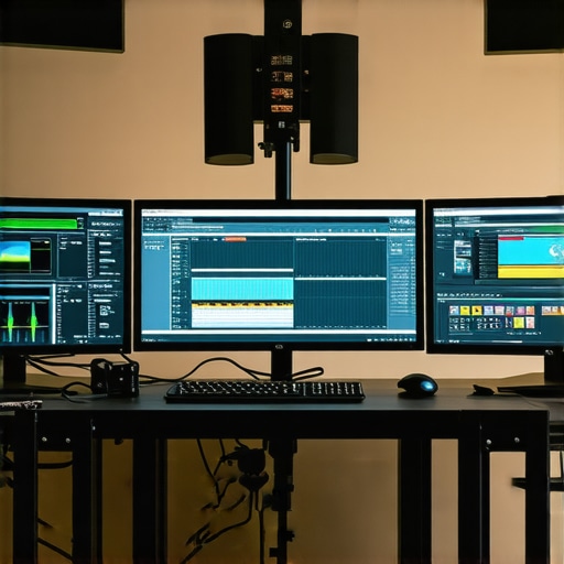 A professional editing station with color grading equipment and dual monitors