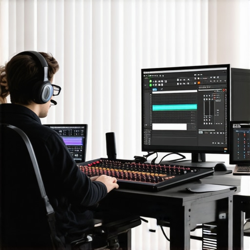 Advanced Editing Workspace with Control Surface Professional editing workspace featuring multiple monitors, custom control surface, and ergonomic accessories.