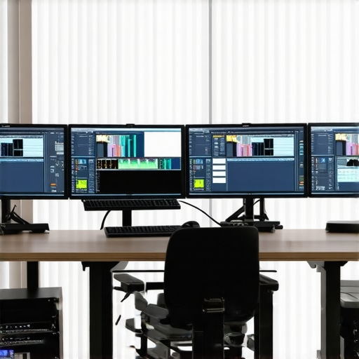 Studio featuring professional editing hardware and multiple screens demonstrating media synchronization