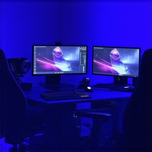 Advanced Editing Workstation with VR and Hardware Controls A professional editing setup featuring multiple monitors, a VR headset, and color grading hardware.