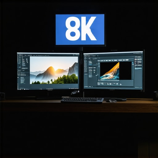 Advanced Hardware Setup for 8K Editing A professional editing workstation with powerful GPU, multiple monitors showing 8K footage, and high-speed storage devices.