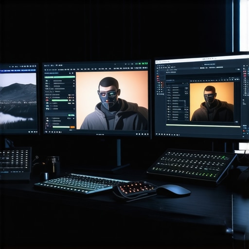 Multiple monitors displaying complex masking and tracking interfaces with AI overlays.