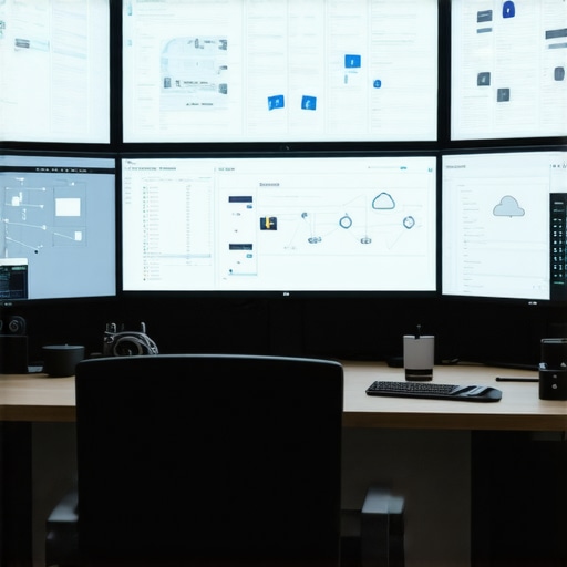 Advanced Media Editing Workspace Modern editing studio with AI and cloud integration visuals.