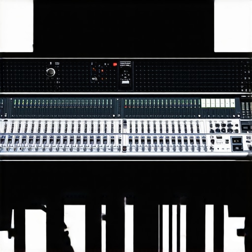 Advanced Microphone Array Configuration in a Studio Close-up of a professional multi-microphone array with digital processing hardware in a recording studio.
