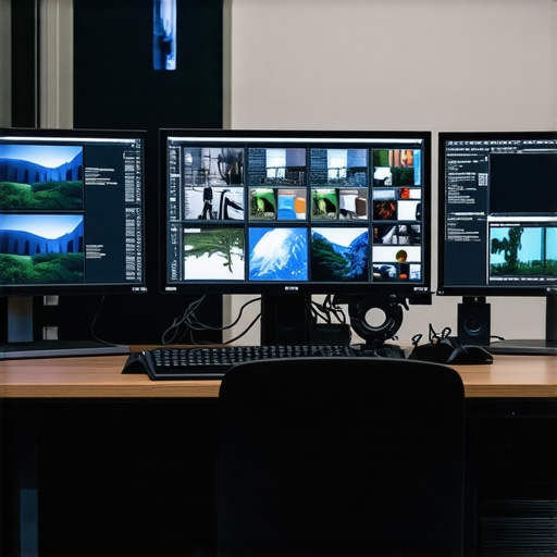 A professional editing studio showcasing AI-powered multi-camera synchronization interfaces.