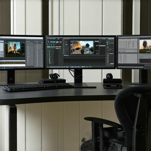 A professional photo editing station featuring dual monitors, high-performance PC, and external storage devices