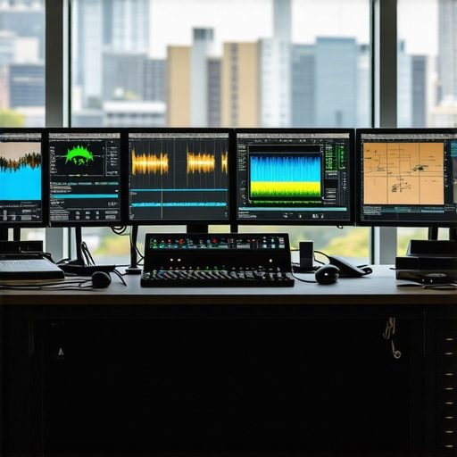 Advanced Post-Production Studio Setup Professional multimedia editing environment with multiple screens and control surfaces.