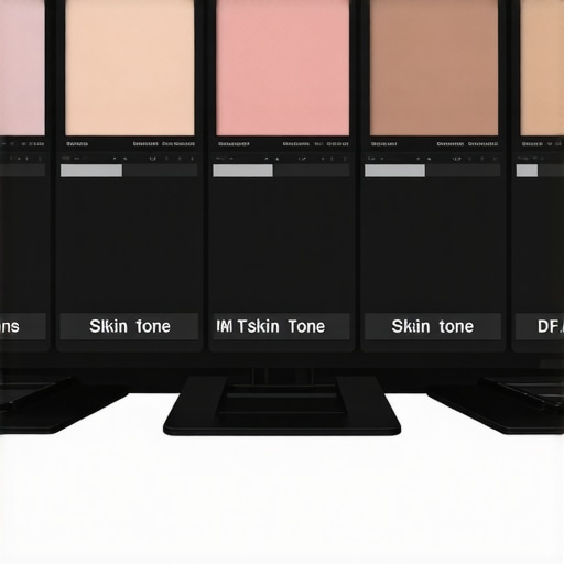 Photo editing setup with color calibration tools and computer screens displaying skin tone adjustments